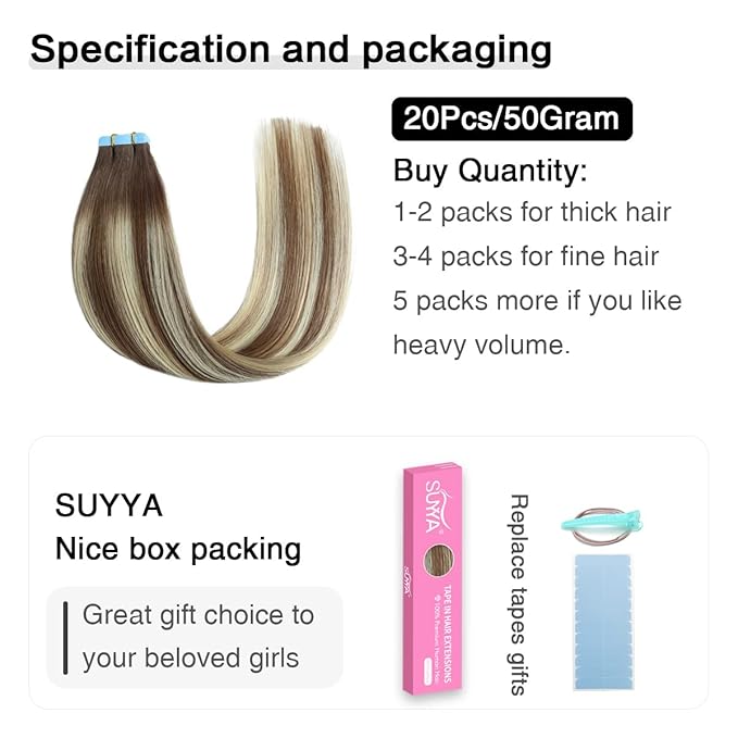 SUYYA Tape in Hair Extensions Human Hair Balayage Chocolate Brown to Bleach Blonde and Chestnut Brown 50g/pack 20pcs Straight Seamless Skin Weft Tape in Real Human Hair Extensions(18inch #P6/613/T4)