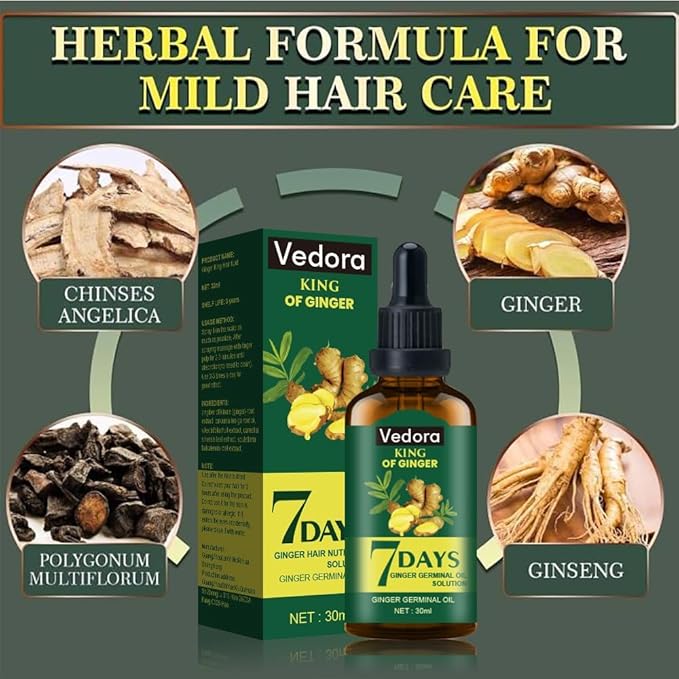Vedora Ginger Oil for Hair Growth - Biotin Hair Growth Serum, 100% Pure Natural Ginger Essential Oil - Promotes Stronger, Thicker, Longer Hair in Women & Men - 3.0 Fl Oz / 90ML (3pc+Roller)