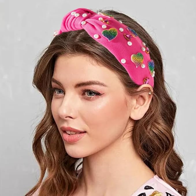 Valentines Day Elegant Pearl Headband, Hot Pink Rhinestone Hearts Design for Women Girls, Cute Wide Knotted Hair Band with Crystal Embellishments for Party Fashion Christmas New Year Hair Accessories