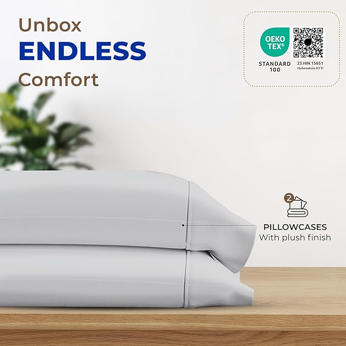 THREAD SPREAD 100% Egyptian Cotton Pillow Cases - 1000 Thread Count Queen/Standard Size Set of 2, Soft & Breathable Extra Long Staple Sateen Weave Cotton Pillow Covers for Bed - Silver