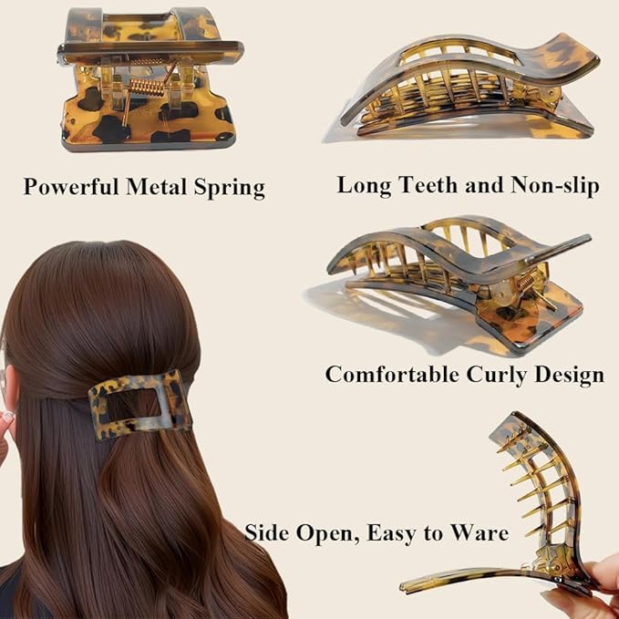 8PCS Rectangle Flat Hair Clips 3.74' Stylish Medium Barrettes for Women Girls Strong Hold Lying Down French Duckbill Claw Styling Hair Accessories for Thin Thick Hair