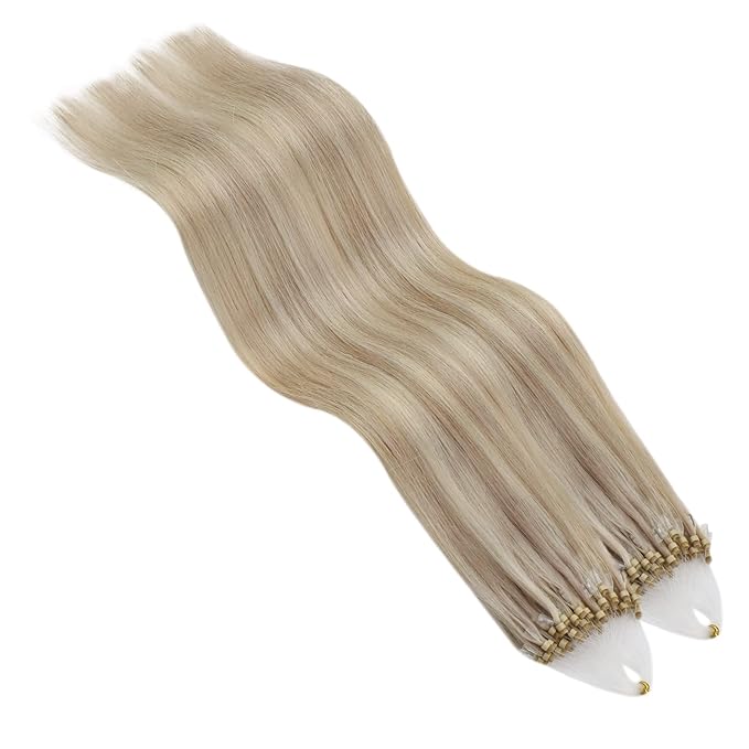 YoungSee Micro Bead Hair Extensions Real Human Hair Blonde Microlink Hair Extensions Highlight Ash Blonde with Medium Blond Beaded Hair Extension 14In Micro Ring Hair Extension 50g 50s Remy Hair