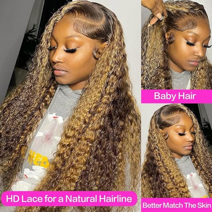 26inch Highlight Ombre Lace Front Wig Human Hair 13x6 HD Honey Blonde 4/27 Deep Wave Lace Frontal Wigs Glueless Wigs Human Hair (4/27 Honey Blonde, 26 inch)