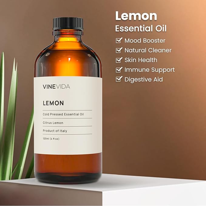 VINEVIDA Lemon Essential Oil 4 oz - Undiluted & DIY Candle Scents - Bulk Oil for Soap Making & Skin Safe