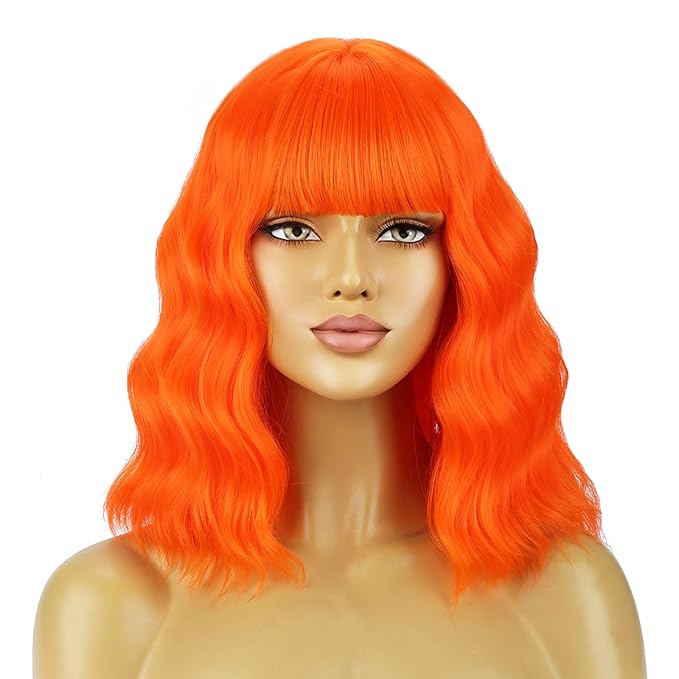 BERON 14 Inches Orange Wig with Bangs Short Bob Curly Wigs Ginger Orange Wigs for Women Girls