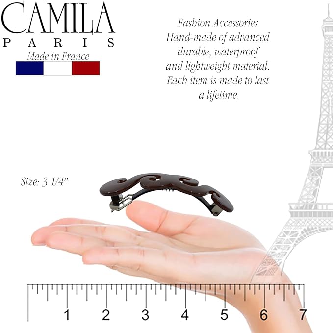 Camila Paris CP3170 French Hair Barrette Clip for Girls, Handmade, Brown, Gold Metal Clasp Strong Hold Grip Hair Clips for Women, No Slip and Durable Styling Girls Hair Accessories, Made in France