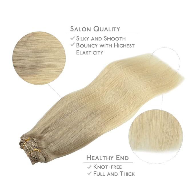 WENNALIFE Clip In Human Hair Extensions, 14 Inch 120g 7pcs Ash Blonde to Golden Blonde and Platinum Blonde Ombre Clip in Human Hair Remy Clip in Hair Extensions Real Human Hair Double Weft
