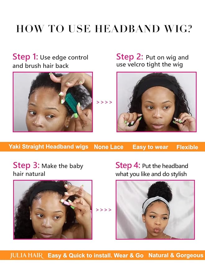 Julia Hair 12A Headband Wig Human Hair Yaki Straight Glueless None Lace Half Wig With Pre-attached Scarf Ombre Chestnut Brown Highlight With Dark Roots for Black Women Put on and Go 24 Inch