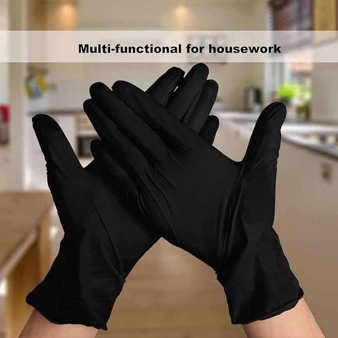 Disposable Gloves Medium, Nitrile and Vinyl Blend Material Gloves, Latex Free, 4 Mil 200 Pc Food Grade Glove for Cleaning, Food Prep, Hair Dye, Tattoo, Black