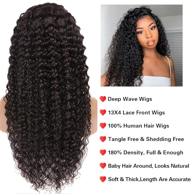 180% Density HD Transparent Deep Wave Lace Front Wigs Human Hair 13X4 Curly Wigs for Black Women Deep Wave Lace Frontal Wet and Wavy Wig Pre Plucked with Baby Hair 24 Inch Natural Black