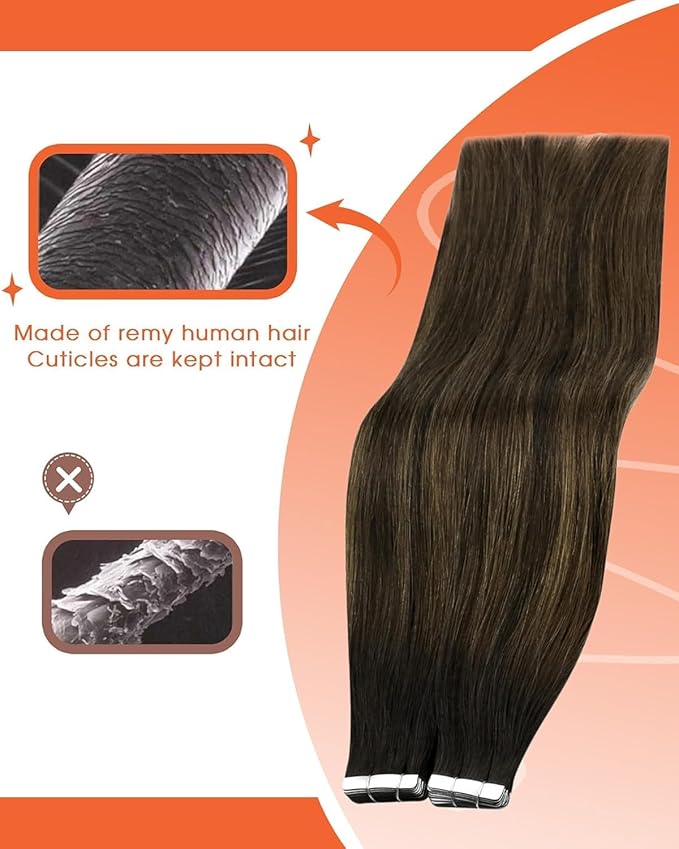 Sunny Hair Tape in Hair Extensions Real Human Hair Invisible Remy Hair Extensions Tape ins for Women Darkest Brown Ombre Medium Brown Balayage 18 inch 25G