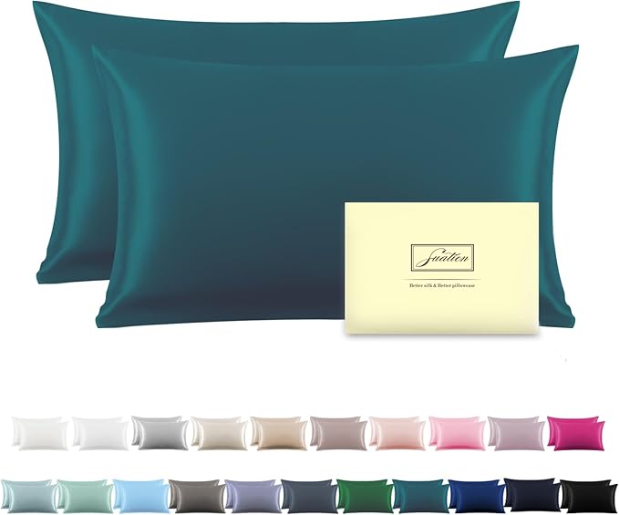 Silk Pillow Cases 2 Pack Soft Breathable and Sliky Standard Size Pillow Cases Set of 2,Natural Mulberry Satin Silk Pillowcase with Hidden Zipper for Hair and Skin (Teal,20"X 26",2pcs)