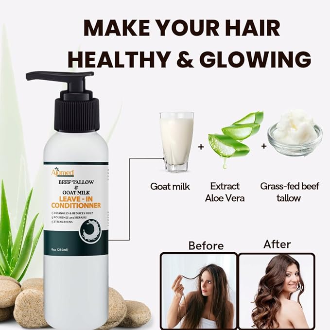 Beef tallow & Goat milk Leave-In Conditioner| Handmade hair Detangler- Anti-Frizz dreadlock moisturizer-Split End Moisturizing Hair Care for Dry, Damaged Hair Moisturizing Curl Primer (8 Fl Oz)
