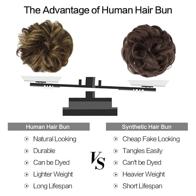 FESHFEN Human Messy Buns - 100% Human Hair Bun Real Scrunchies Hair Pieces Ponytail Extensions Wavy Tousled Updo Chignon Hairpieces for Women, Brown Mixed Blonde