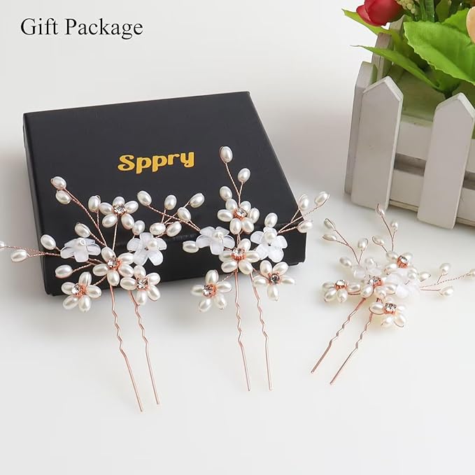 Elegant Pearl Wedding Hair Pins, Bendable Floral Crystal Hair Accessories for Bridal Women, Pack of 3 (Rose Gold)