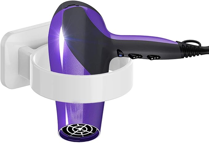 Hair Dryer Holder Wall Mounted, Bathroom Blow Dryer Stand, Self Adhesive Blow Hair Dryer Hanging Loop, Compatible with Most Hair Dryers (White, L 3.7”×W 2.1”×H 4.3”)