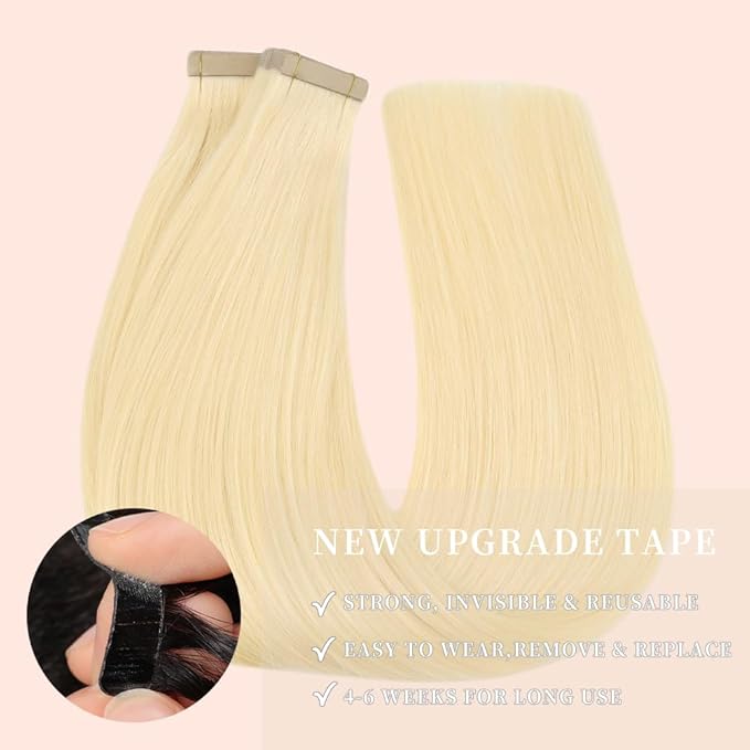 Tape in Extensions for Women 24 Inch Tape in Hair Extensions Color 60 Platinum Blonde Real Hair Extensions for Thin Hair 20pcs Seamless (60#,24 Inch)