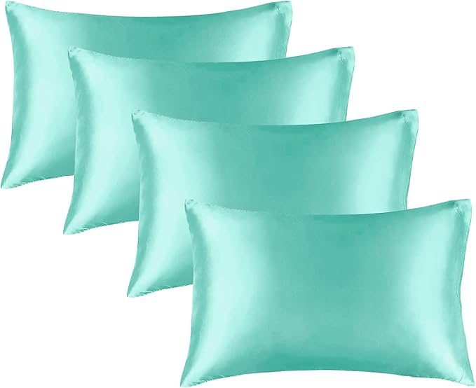 BEDELITE Satin Pillowcase for Hair and Skin, Super Soft Similar to Silk Pillow Cases 4 Pack with Envelope Closure, Cooling Pillowcases for Women Men (20"x36" King Size, Turquoise)