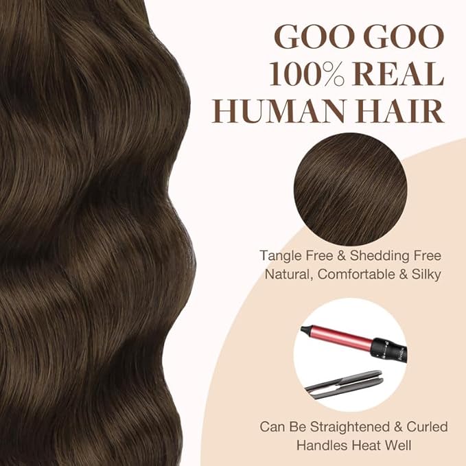 GOO GOO Tape in Hair Extensions Human Hair, 4A Chocolate Brown, 18inch 25g 10pcs, Skin Weft Seamless Invisible, Silky Straight with Thick Ends, Remy Human Hair