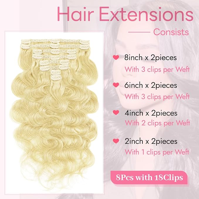 Clip in Hair Extensions Real Human Hair Body Wave 613 Bleach Blonde Clip in 100% Brazilian Remy Human Hair Extensions 8pcs Per Set with 18 Clips Double Weft 16 Inch 90g/3.6oz