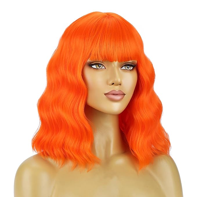 BERON 14 Inches Orange Wig with Bangs Short Bob Curly Wigs Ginger Orange Wigs for Women Girls