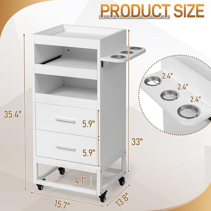 Winado Beauty Salon Trolley Cart, Rolling Hair Cart with Lockable Wheels, 2 Drawers, 3 Tool Holders, Mobile Makeup Organizer Station Cabinet for Hair Stylist Beauty Spa Barbershop, White