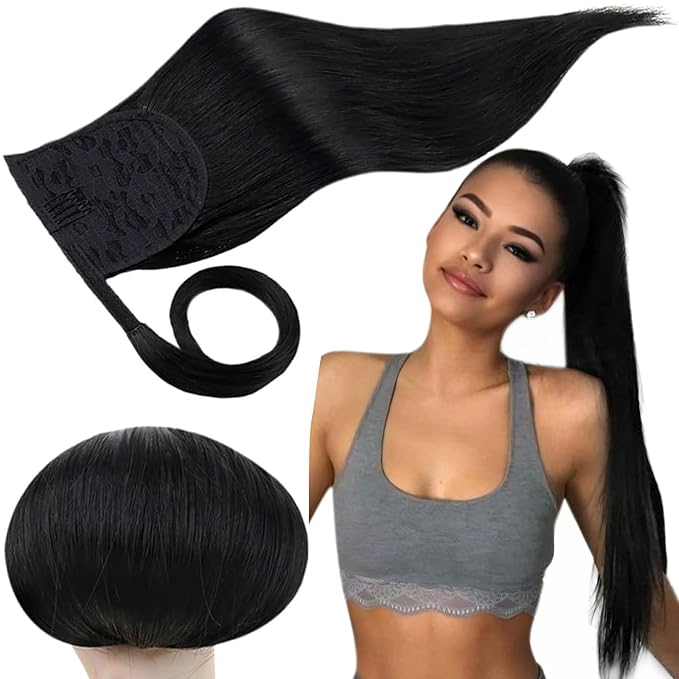 RUNATURE Ponytail Extension Human Hair, Real Hair Ponytail Extension Black, Remy Human Hair Ponytail Wrap Around, Clip in Ponytail Hair Extensions Straight, Easy to Apply, 14 Inch 70g #1 Jet Black