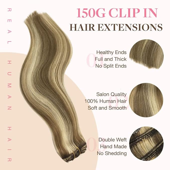 GOO GOO Clip in Hair Extensions Real Human Hair, Remy Human Hair Extensions Clip ins for Women, Natural Human Hair, 18inch 150g 9Pcs, 8A/22 Medium Brown Highlighted Golden Blonde