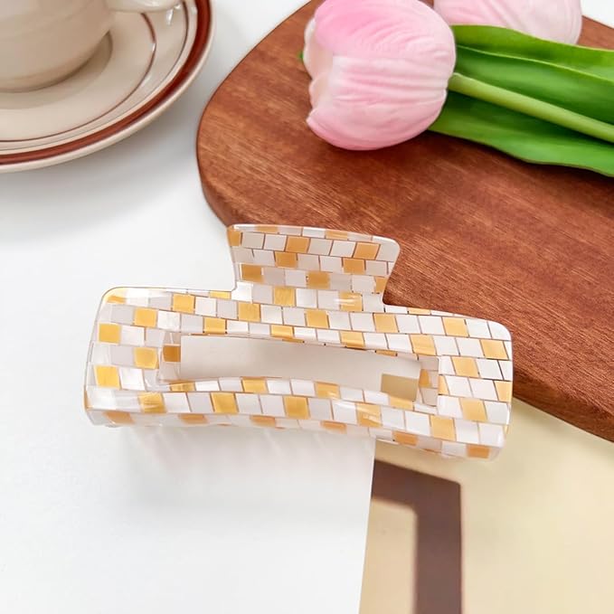 Checkered Hair Claw Clips for Women Ladies, 4inch Fashion Large Hair Clips for Styling Claw Clamps Thick Hair Retro Rectangle Shape Hair Jaw Clips (3 Pack)