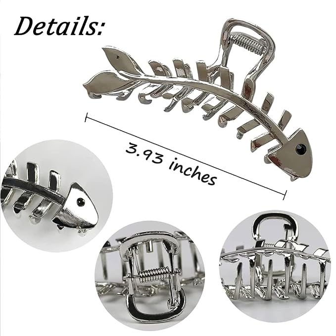 Fishbone Hair Clips Claw Non-Slip Fish Shaped Hair Claw Clips for Women and Girls - Big Metal Fishbone Hair Jaw Clamps for Secure Hair Styling and Accessories (Silver Fishbone)