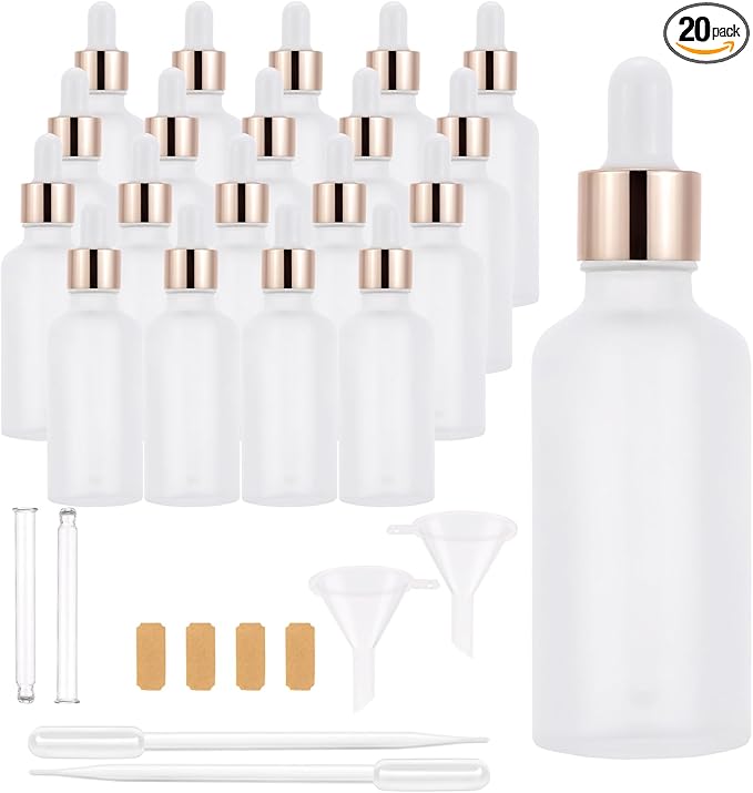 20 Pack 50ml Frosted Glass Dropper Bottles for Essential Oils, 1.7oz Eye Dropper Bottles with Rose Golden Caps for Travel, Large Empty Glass Tincture Vials with Droppers, Funnels & 20 Labels