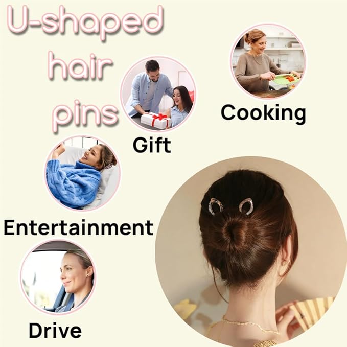 Prestige Hair Pins for Women,French U-Shaped Hair Pin 3Pc Elegant Women Hair Accessories Suitable for Thick or Thin Hair (Pink, Blue, Starry gray)