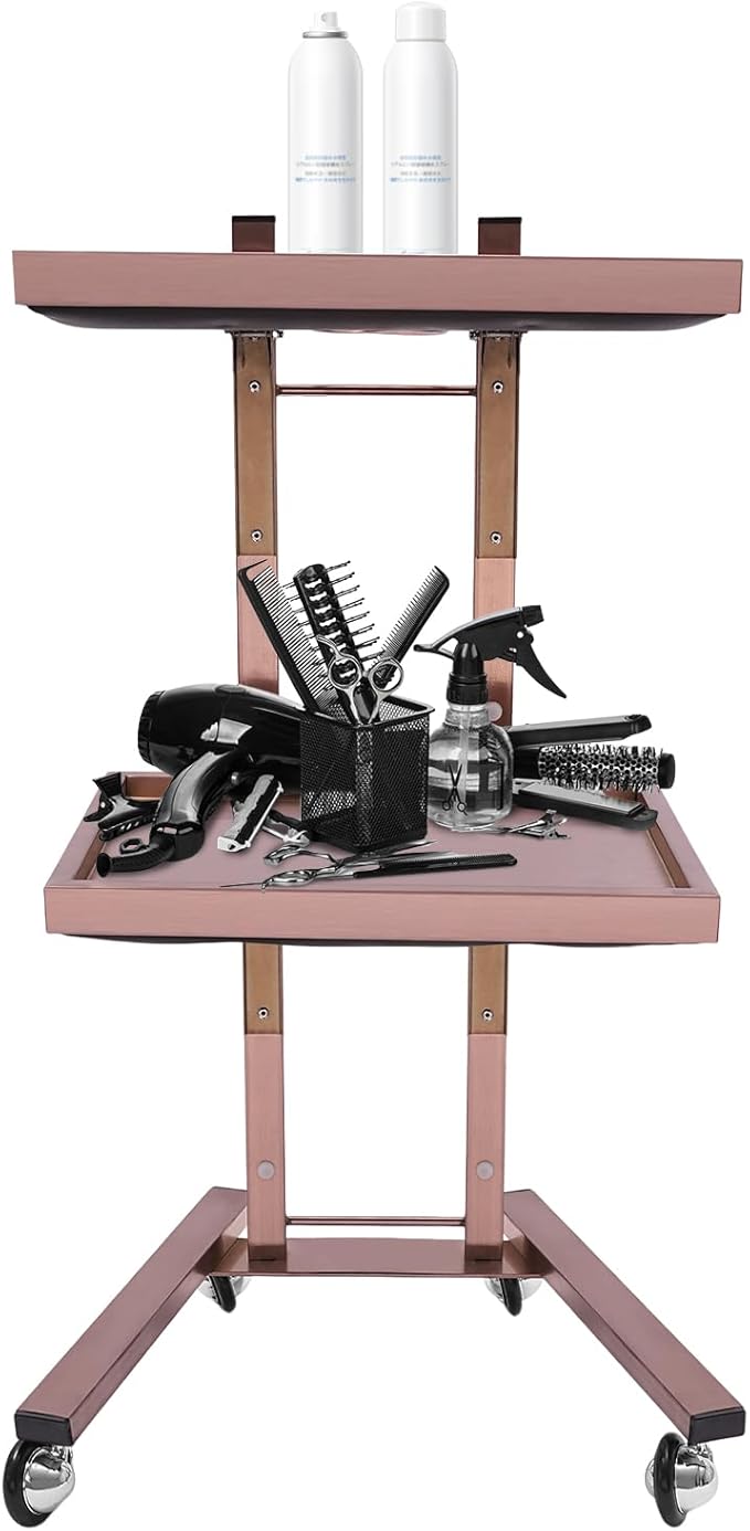 2 Tier Foldable Tray Trolley, Stainless Steel Salon Storage Metal Rolling Cart Mobile Hairdressing Tool Organizer with Wheels for Hair Salon, Studios, Spa Salons (Rose Gold)
