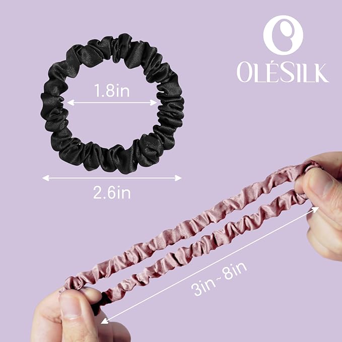 OLESILK Silk Hair Ties for Women: 100% Mulberry Skinny Silk Scrunchies, Soft Smooth No Damage No Crease for Thin Fine Curly Hair 5 Pack, Black