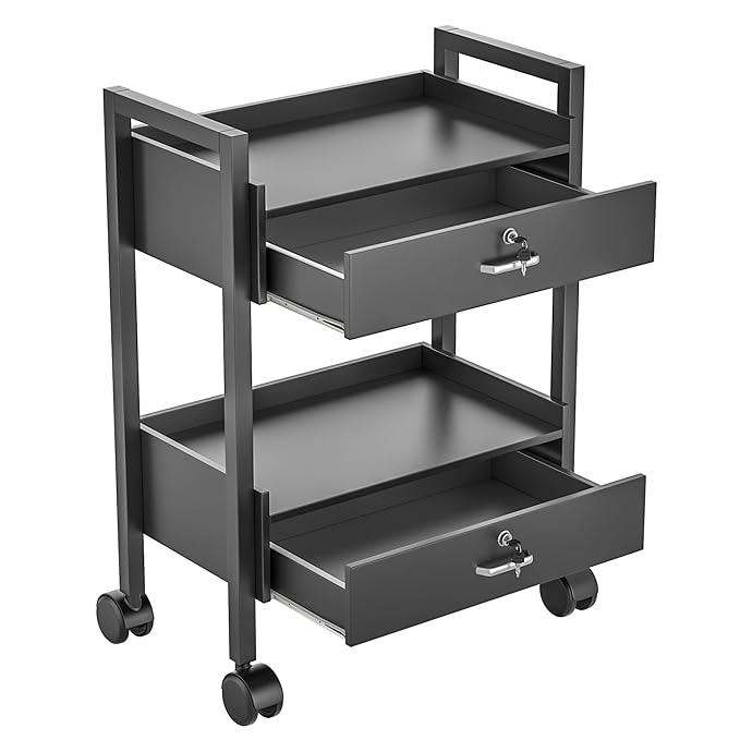 Salon Beauty Cabinet Cart Trolley 2-Layer Rolling Storage Drawer Organizer Wheels Lockable Tool Salon Station Barber Stylist Equipment Makeup Spa Cart (Black-2 Layer)
