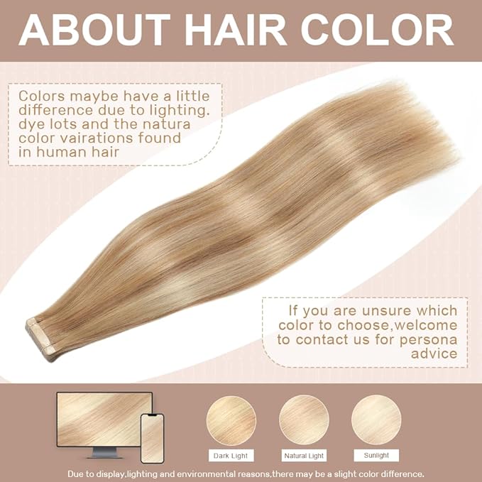 Tape in Hair Extensions Real Human Hair 24 Inch Middle Brown Highlight with Dark Blonde Tape for Skin Weft Hair Extension Invisible Tape in Hair Extensions Straight Remy Human Hair for Women 20pcs