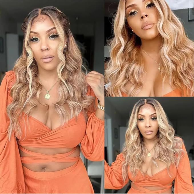 Highlight Bundles Human Hair Blonde Body Wave Bundle Niegmeag Brazilian Virgin Remy Hair 3 Bundles 14 16 18 Inch 2 Tone Blonde and Brown Body Wave Bundle 300g
