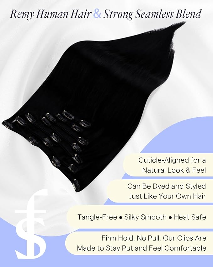 Full Shine Clip ins Real Human Hair Black Women 18 Inch Jet Black Clip in Extensions Real Human Hair 7 Pcs 135 G