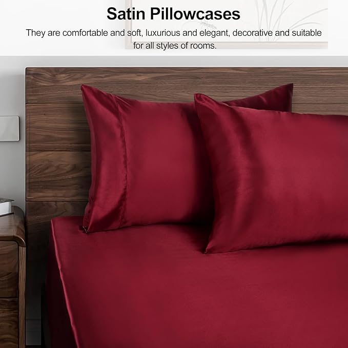Lirex Satin Pillowcase for Hair and Skin, Super Soft and Cooling Similar to Silk, 2 Pack Standard Size 20"X 26" Pillow Cases with Envelope Closure, Gifts for Women Men, Wine Red