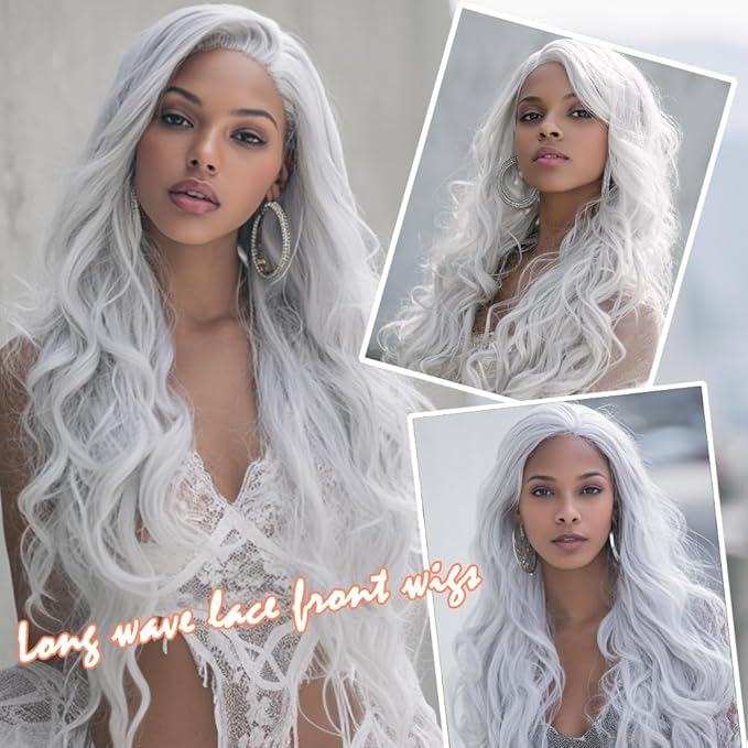 Long Silver Synthetic Lace Front Wig Heat Resistant Body Wave Lace Front Wavy Wigs Free Part Natural Hair Wig for Women 24 Inch Fashion Glueless (24 Inch)