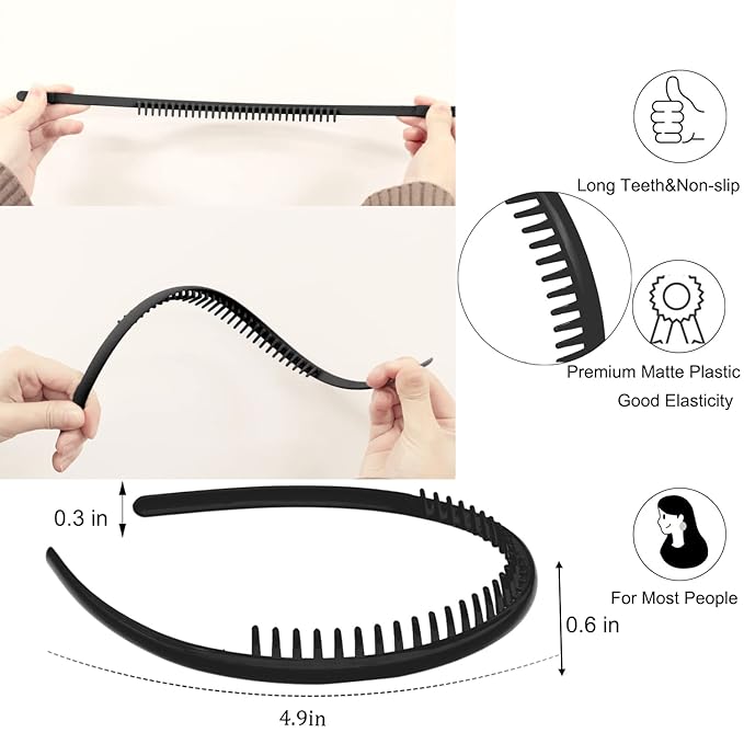 LAPOHI 10 PCS Non Slip Fashion Effortless Plastic Headbands with Teeth Comb Skinny Hair Bands for Women Men Teen Girls, Short Teeth Matte Black