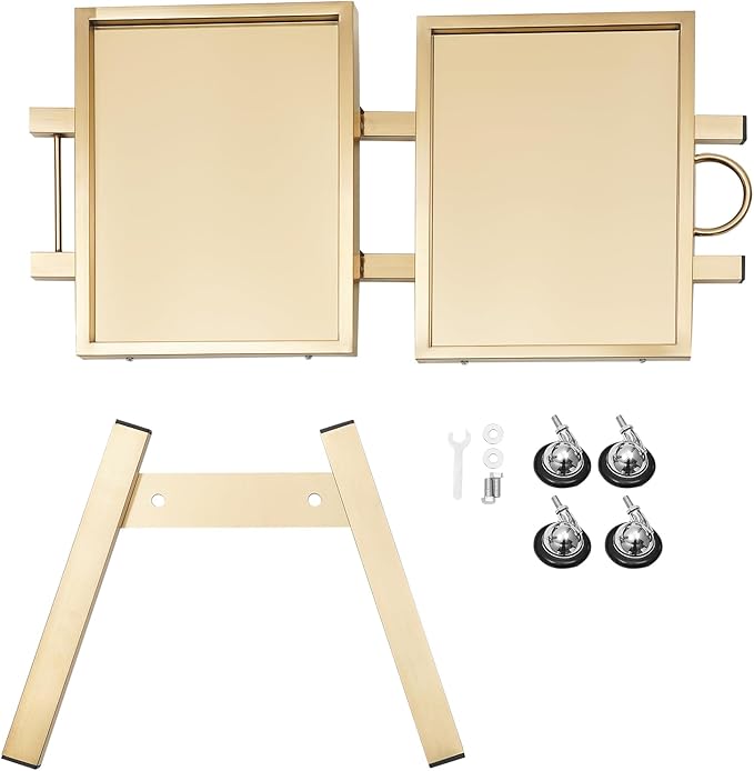 2 Tier Foldable Tray Trolley, Stainless Steel Salon Storage Metal Rolling Cart Mobile Hairdressing Tool Organizer with Wheels for Hair Salon, Studios, Spa Salons (Gold)