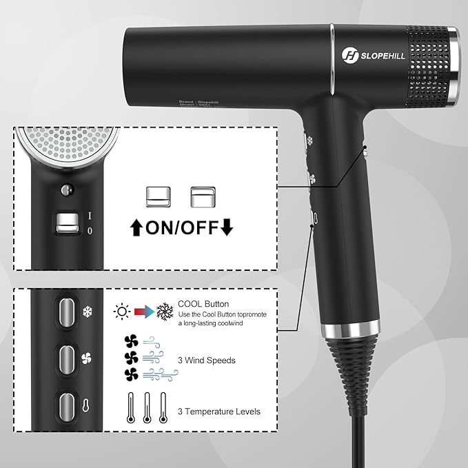 slopehill Hair Dryer with Unique Brushless Motor | Intelligent Fault Diagnosis | Innovative Microfilter | Oxy Active Technology | Led Display (Black)