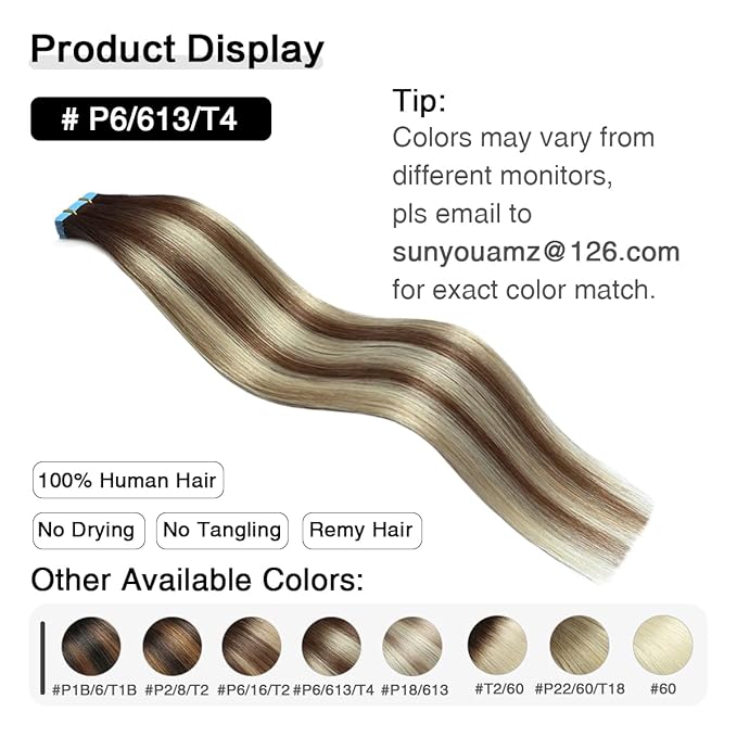 SUYYA Tape in Hair Extensions Human Hair Balayage Chocolate Brown to Bleach Blonde and Chestnut Brown 14 Inch 40g/pack 20pcs Straight Seamless Skin Weft Tape in Hair Extensions(14inch #P6/613/T4)