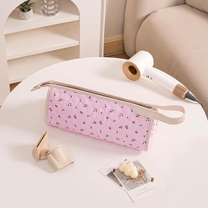 Large Quilted Hair Tools Travel Bag,Aesthetic Hair Styling Accessories Storage Case for Flat Irons,Straightener,Curling Iron,Hair Dryer,Dyson Airwrap Travle Bag,Portable Organizer（01cherry）