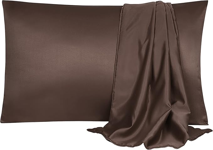 uxcell 2 Pack Silk Satin Pillowcase for Hair and Skin, Cool, Silky, Soft Breathable Pillow Cases King Size 20x36 Inch Sateen Pillowcase Brown with Envelope Closure