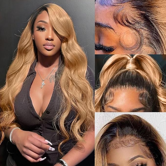 AMIRTY 200% density 13x6 Honey Blonde Lace Front Wigs Human Hair 13x6 Body Wave Lace Front Wig Human Hair Wigs for Women Ombre HD Transparent Lace Frontal Wig Pre Plucked with BabyHair 30inch