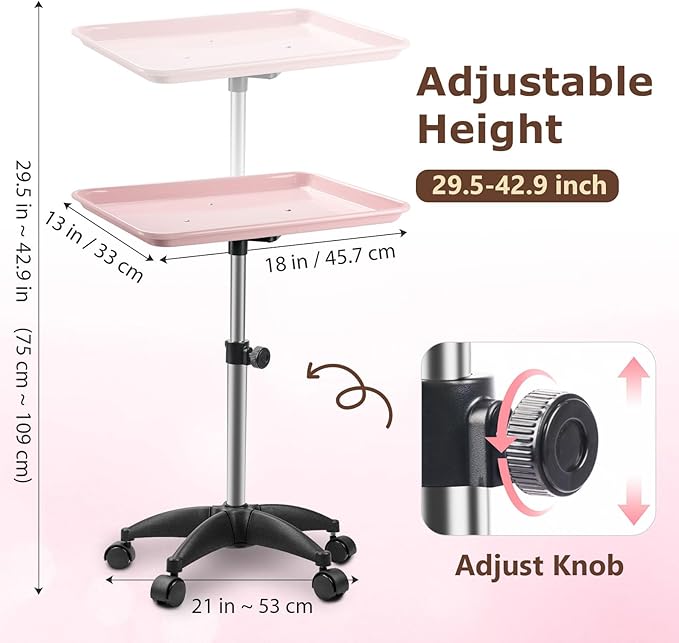 Rolling Salon Tray, Adjustable Salon Tray on Wheels, Premium Aluminum Tattoo Tray Cart for Spa Clinic, Pink