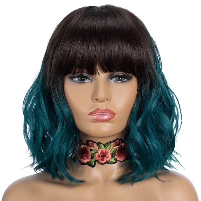 NOBLE Synthetic Curly Bob Wig With Bangs Short Bob Wigs Ombre Brown To Green Color Women's Shoulder Length Wigs Curly Wavy Wig Heat Resistant Colorful Daily Party Wig.