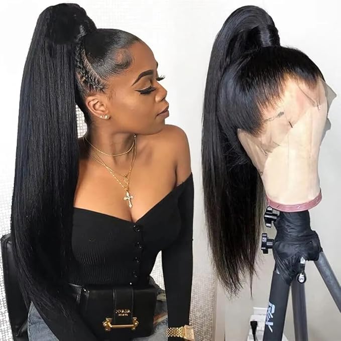 Hidden Strap Invisi Strap Straight 360 Glueless Wigs Human Hair Pre Plucked Pre Bleached Brazilian Virgin Wig With Drawstring 250 Density HD Full Lace Front Wigs Human Hair 16Inch